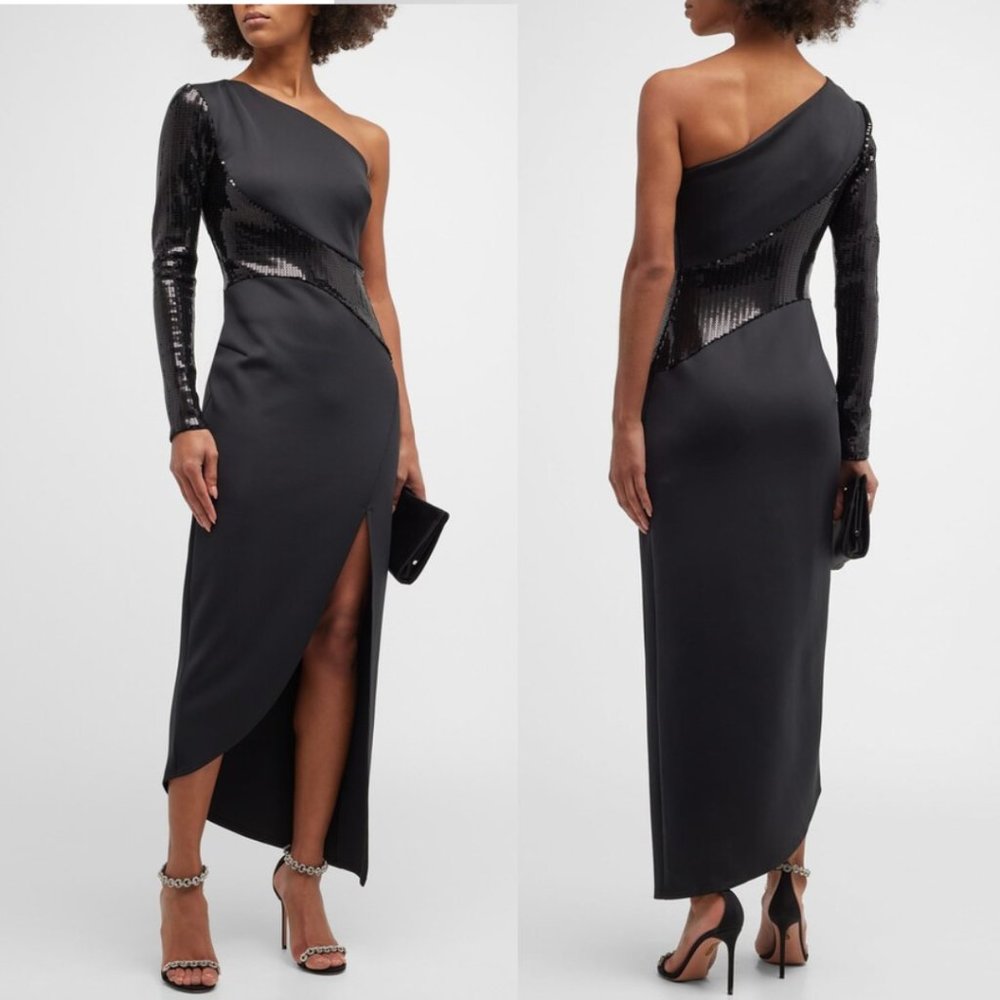 SHO Sequin-Sleeve One-Shoulder Slit Dress XXS-XS NWOT